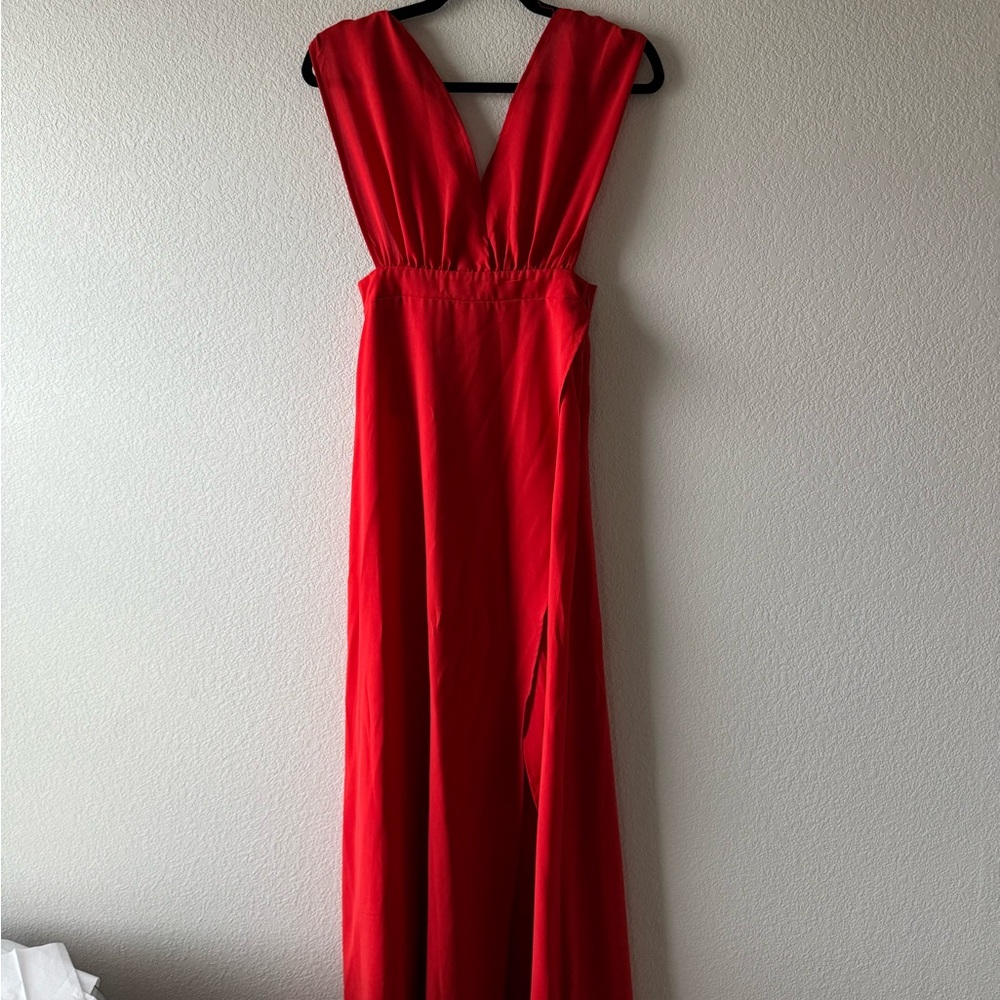 Red Pleated Ruched Maxi Gown for Wedding Guest